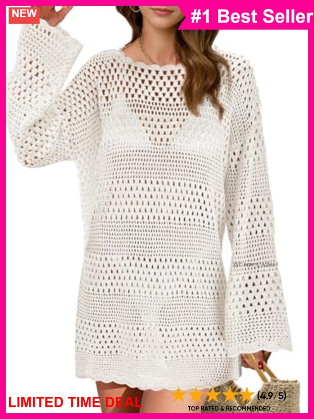 Crochet Swimsuit Cover Up Long Sleeve Mini Beach Dress